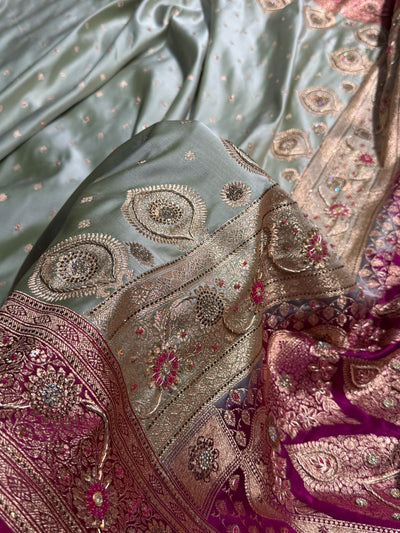 Mehandi Wine Contrast Booti With Ari & Zardozi Work Satin Katan Silk saree BSK29