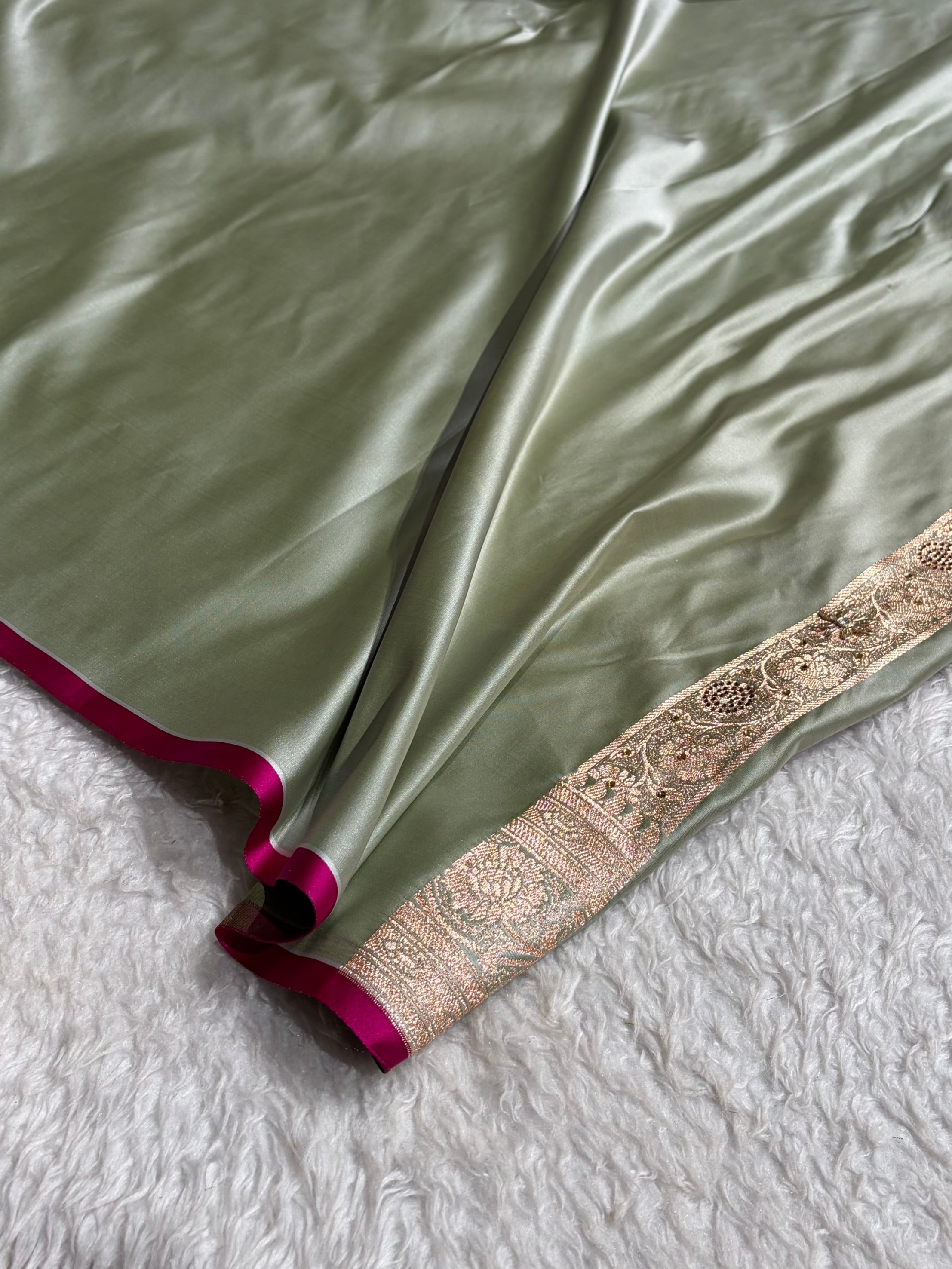 Light Mehendi Jaal With Banarasi Swarovski and Zardozi Work Pattern Satin Katan Silk Saree BSK25
