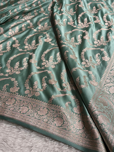 Sea Green Shades Banarasi With Floral Jaal Pattern Mashru Silk Saree MSM-132