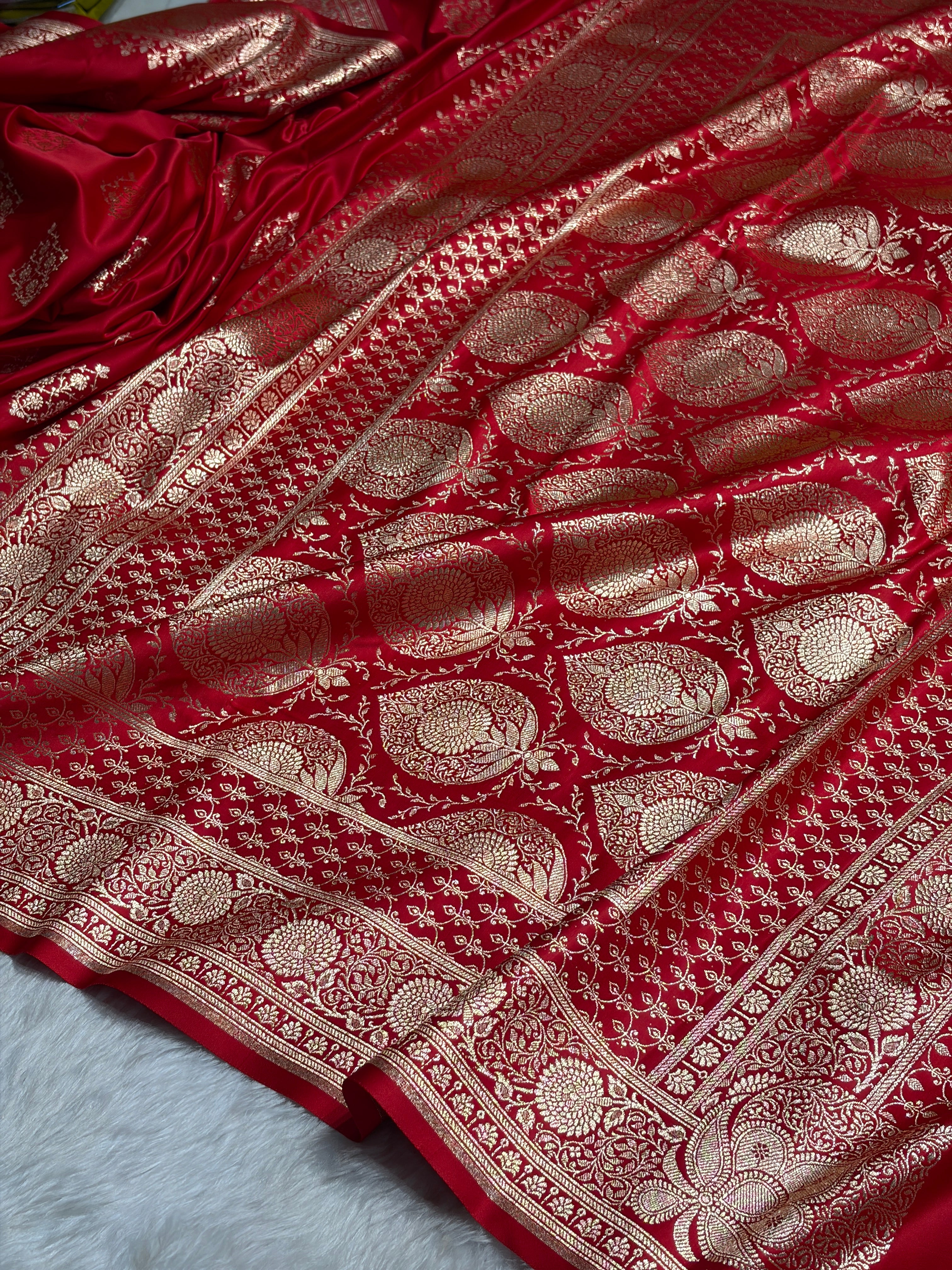 Red Floral Boota Satin Katan Silk saree SK35