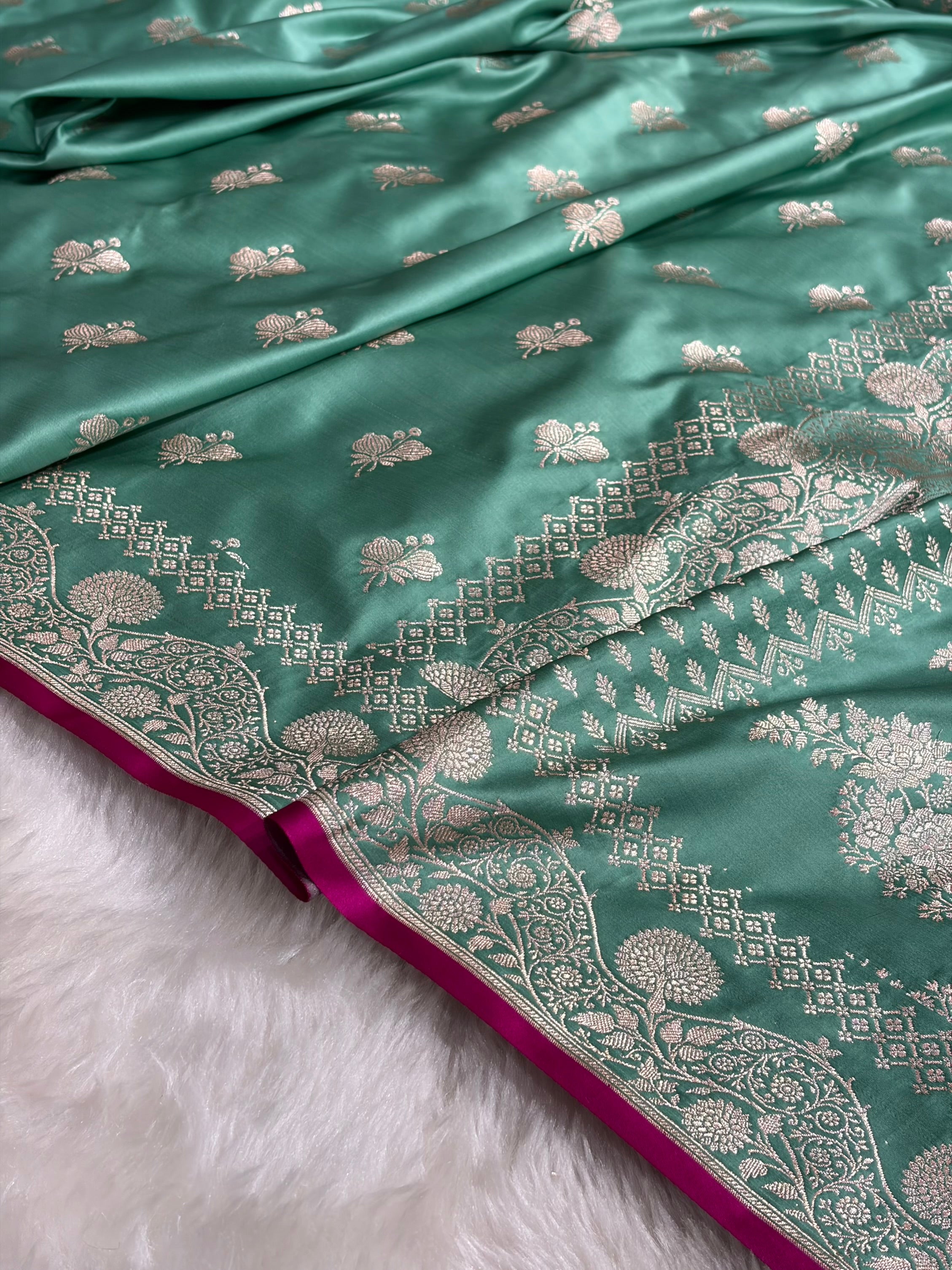 Sea Green Shades Banarasi Boota Pattern Floral Mashru Silk Saree MSM-115