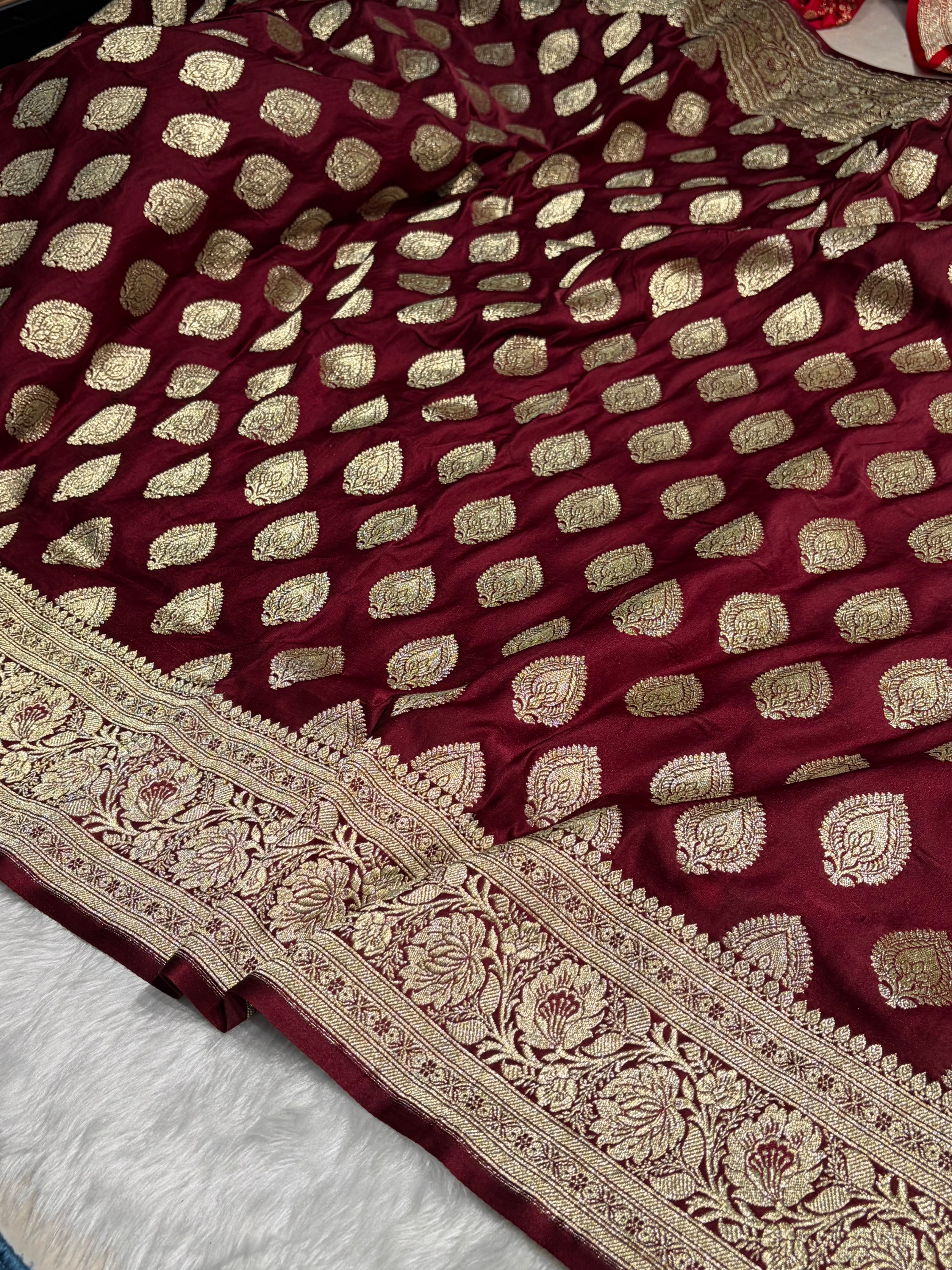 Garnet Katan Silk Saree In Boota Floral Motif