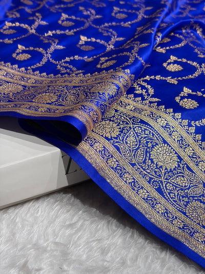 Royal Blue Shades Floral Jaal Pattern Satin Katan Silk saree SK55