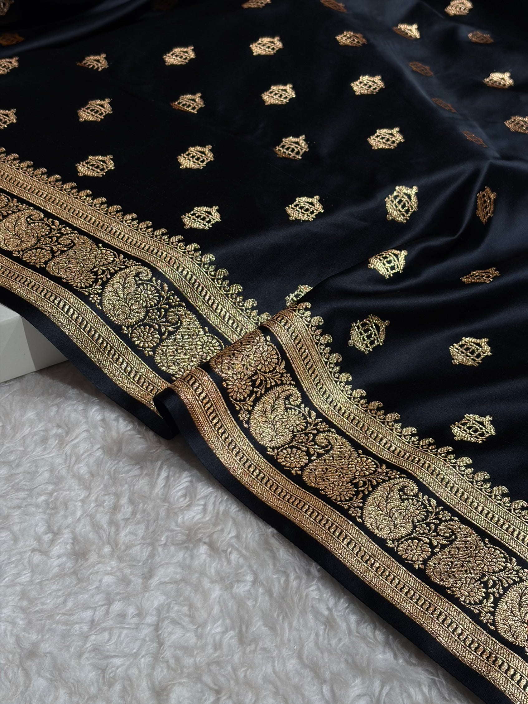 Banarasi Satin Katan Saree Booti Pattern in Black Shades SK137