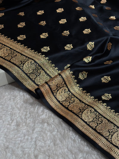 Banarasi Satin Katan Saree Booti Pattern in Black Shades SK137