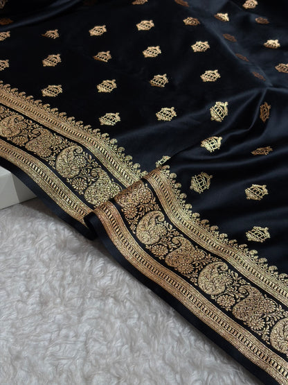Banarasi Satin Katan Saree Booti Pattern in Black Shades SK137