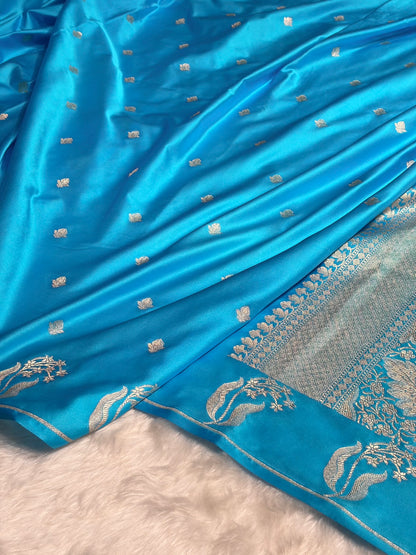 Sky Blue Shades Floral Border Booti Mashru Silk Saree MS74