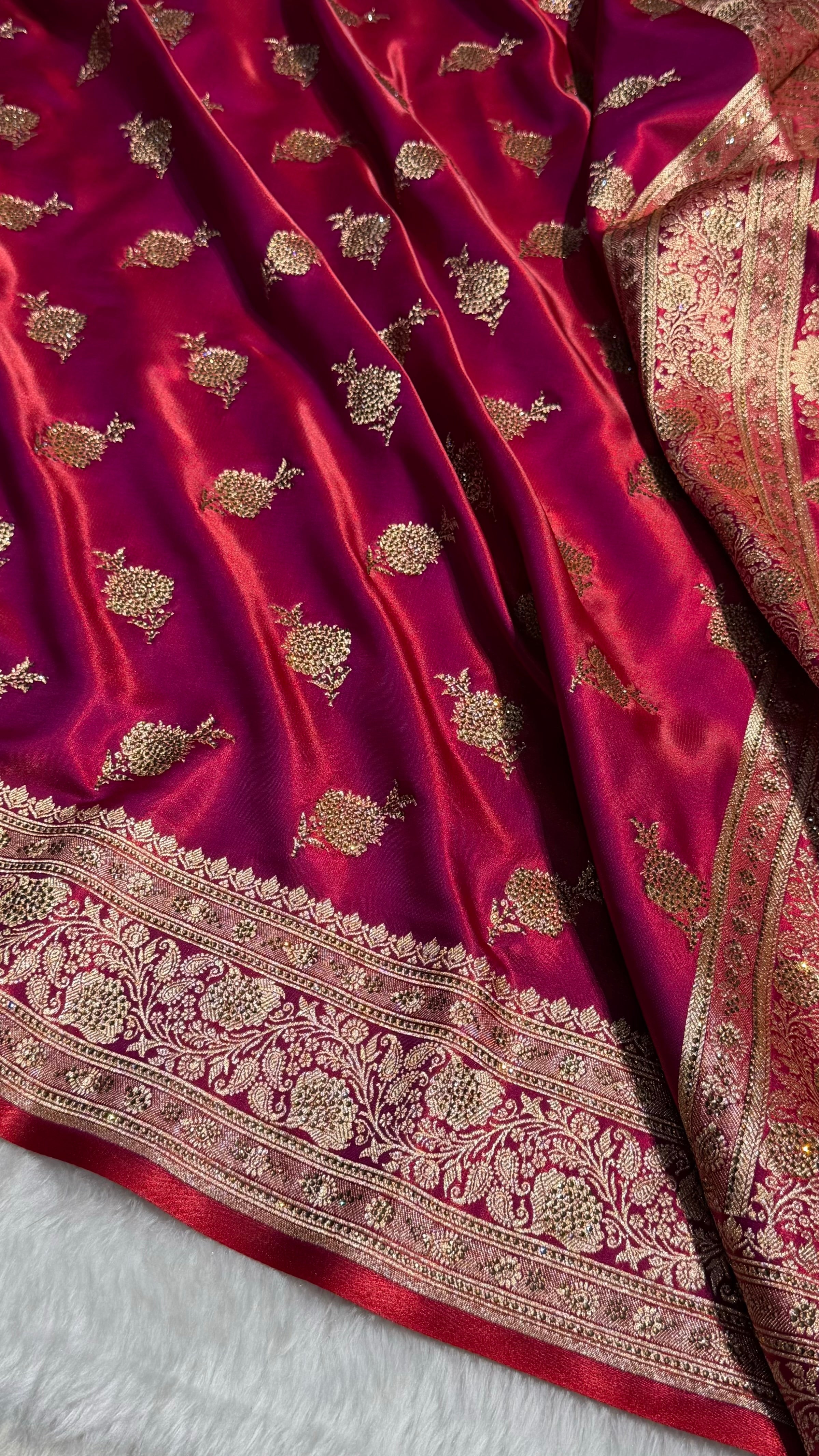 Satin Silk Saree Swarovski Work Floral Boota in Reddish Magenta Shades BSS26