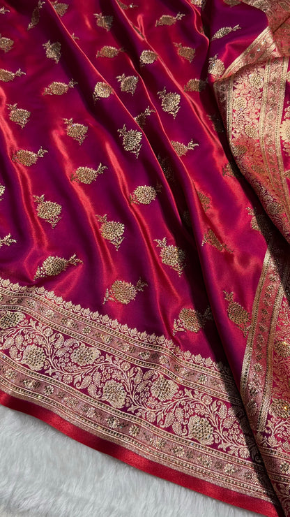 Satin Silk Saree Swarovski Work Floral Boota in Reddish Magenta Shades BSS26