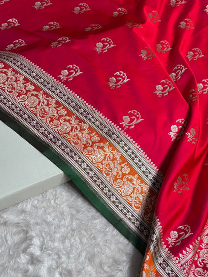 Banarasi Cross Red With Contrast Orange Floral Border Mashru Silk Saree MSM-100