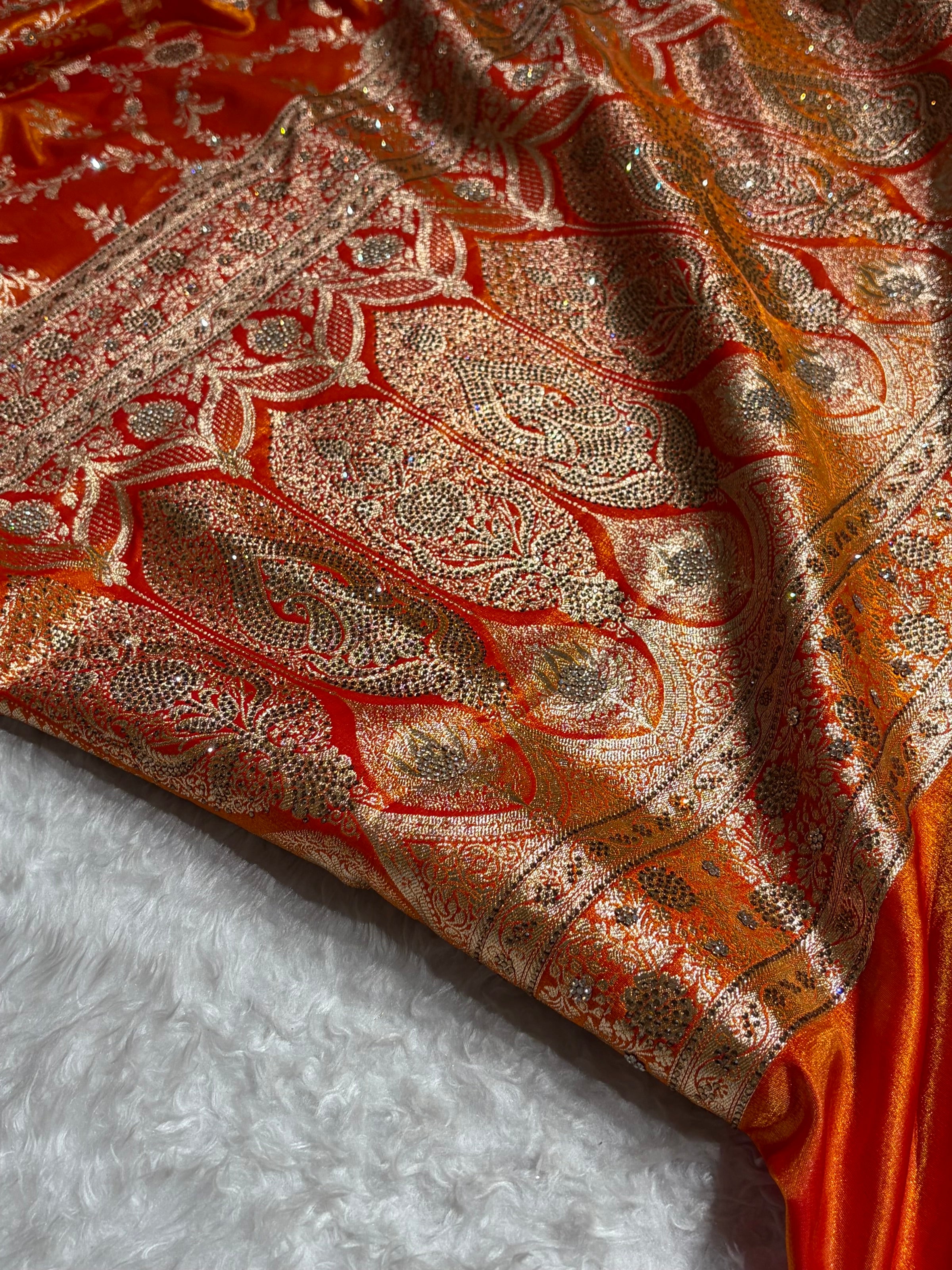 Light Weight Fire Gold Satin Silk Saree with Swarovski work BSS14