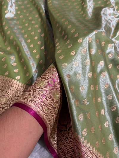 Banarasi Contrast Satin Silk Booti in Pista With Wine Shades SS01