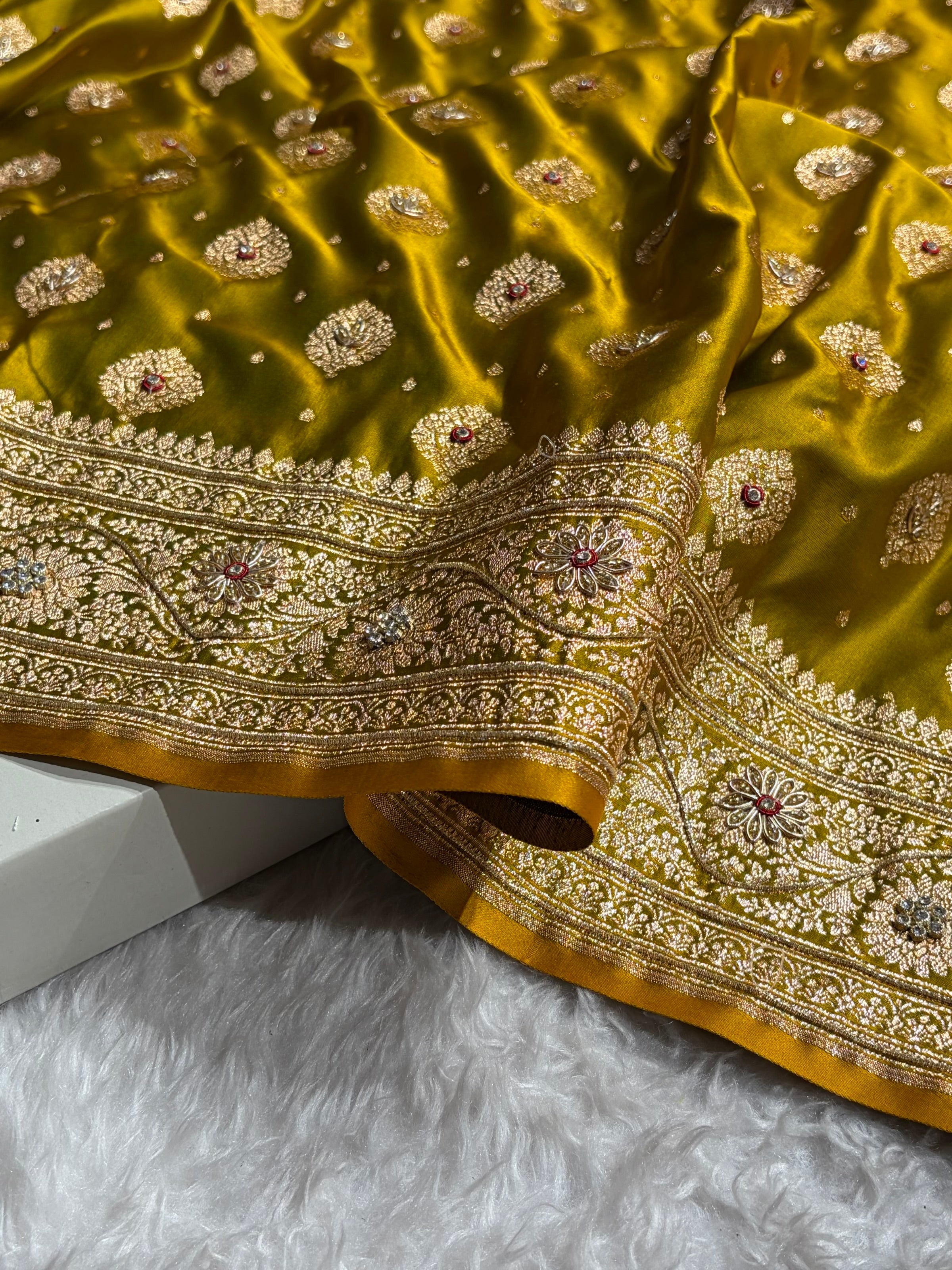 Bridal Mehendi Unique Boota Pattern With Stone & Ari Work Satin Katan Silk Saree BSK69