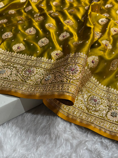 Bridal Mehendi Unique Boota Pattern With Stone & Ari Work Satin Katan Silk Saree BSK69