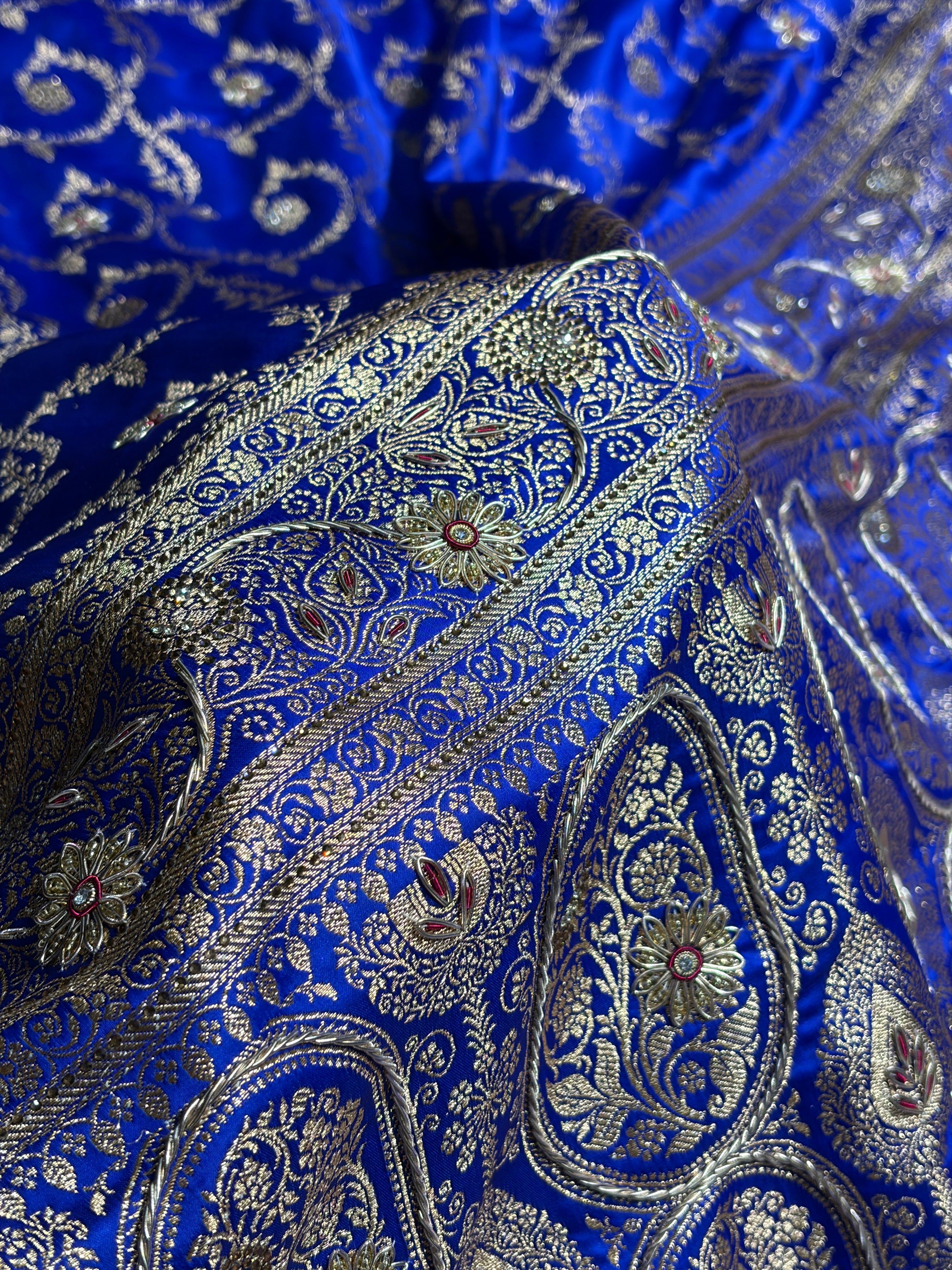 Royal Blue Shades Floral With Zardozi Work In Jaal Pattern Satin Katan Silk saree BSK55