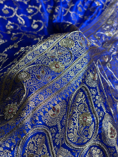 Royal Blue Shades Floral With Zardozi Work In Jaal Pattern Satin Katan Silk saree BSK55