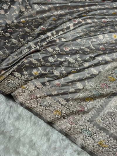 Gray Shades In Banarasi Minakari Jaal Mashru Silk Saree MCS42