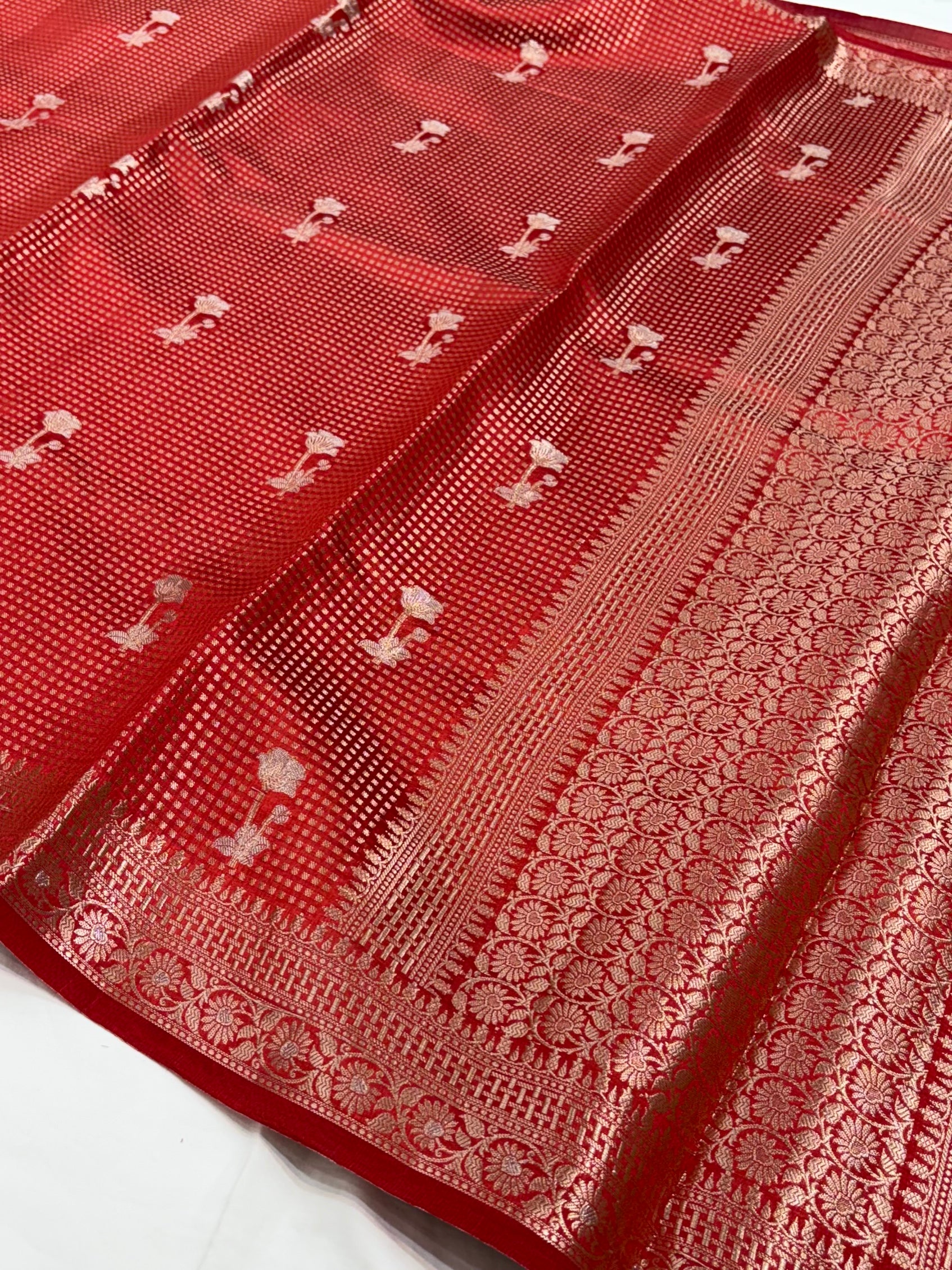 Red Flower Booti Pure Caramel Silk Saree