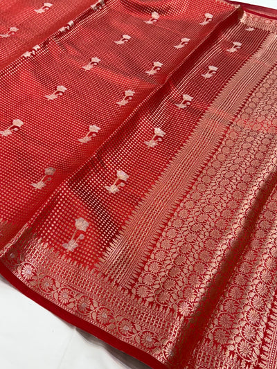 Red Flower Booti Pure Caramel Silk Saree