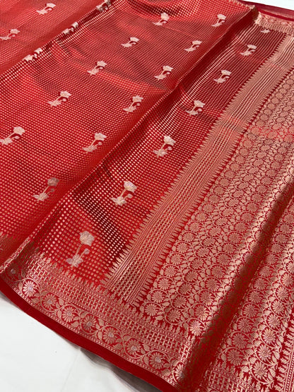 Red Flower Booti Pure Caramel Silk Saree