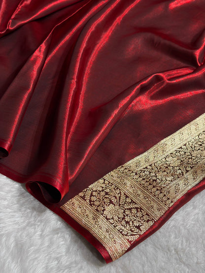 Maroon Shades Cross Pattern Banarasi Satin Silk Saree SS50