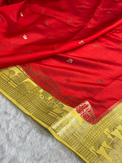 Banarasi Red With Lemon Contrast Shade Flower Boota Pure Caramel Mango Silk Saree CS-18