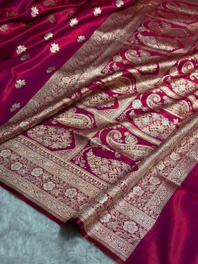 Reddish Magenta Shades Minakari Boota Pattern Banarasi Satin Silk Saree SS44