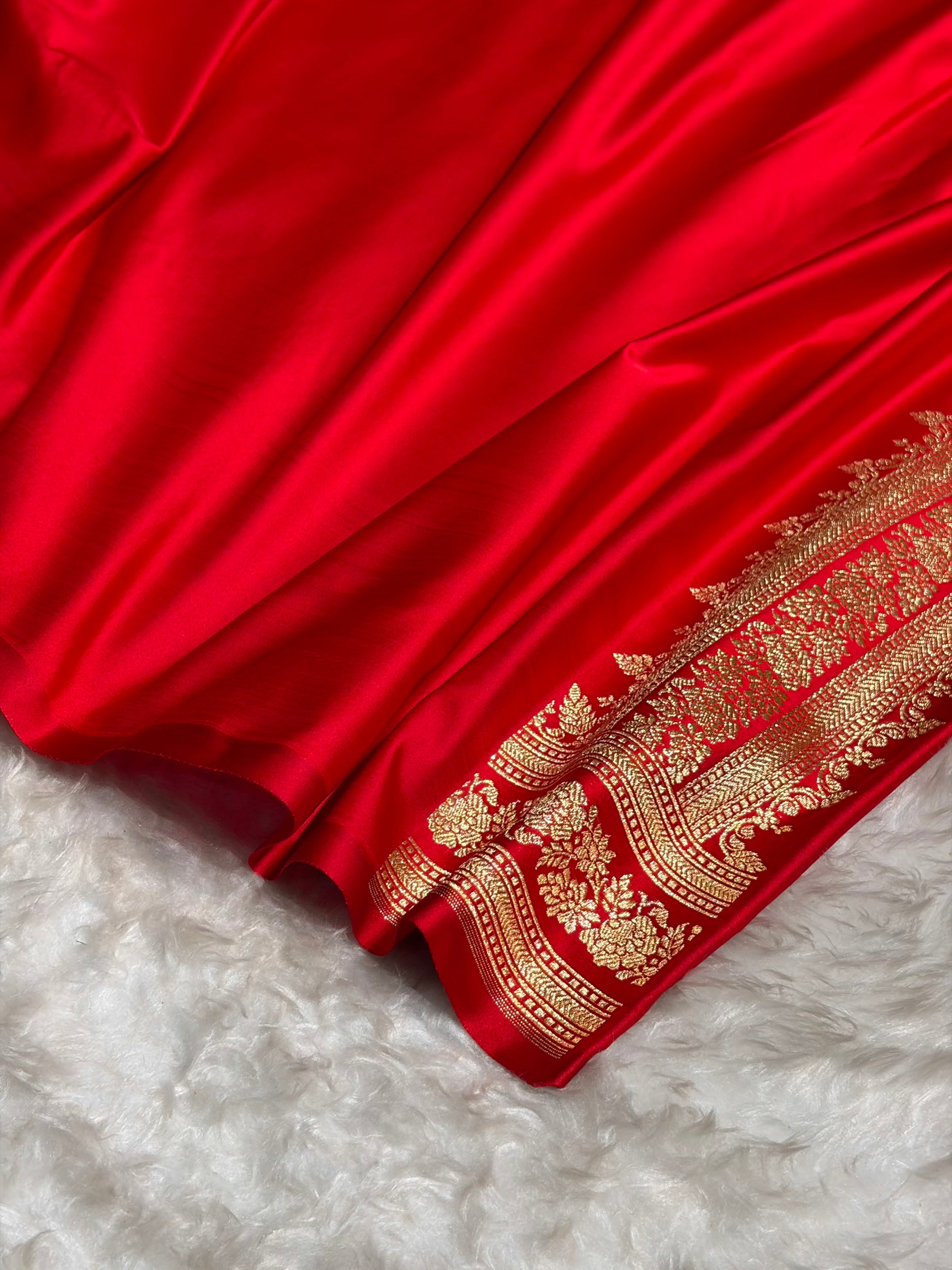 Red Floral Pattern Satin Katan Silk Saree SK76