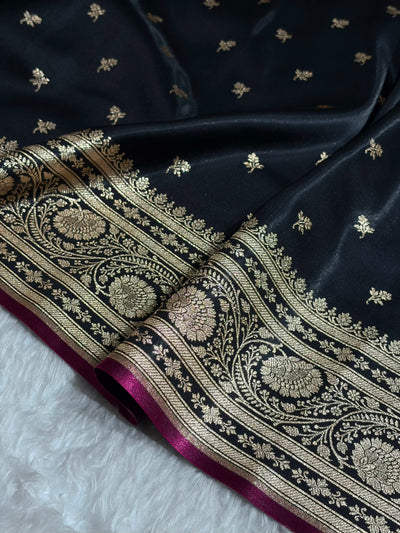 Banarasi Black Shades Cross Pattern Banarasi Satin Silk Saree SS52