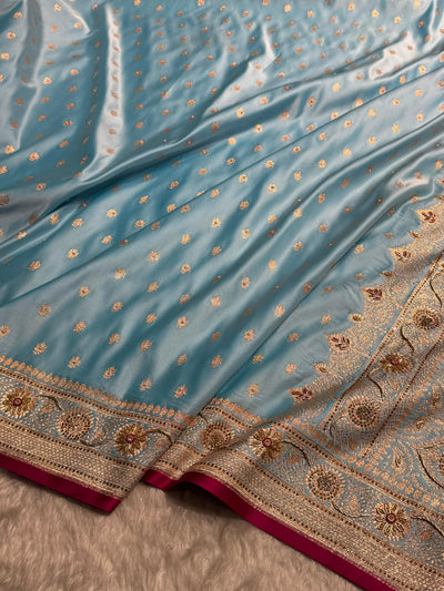 Banarasi Sky Blue Shades With Ari Zardozi Work Booti Katan Silk Saree BSK07