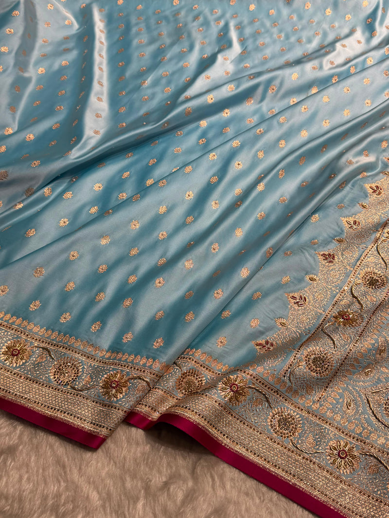Banarasi Sky Blue Shades With Ari Zardozi Work Booti Katan Silk Saree BSK07