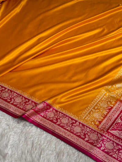 Banarasi Satin Katan Saree Floral Booti Pattern in Contrast Mustard / Rani Shades SK149