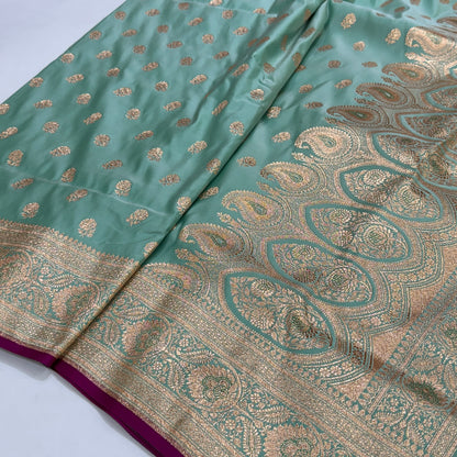 Floral boota Satin katan Silk Saree In Sea Green Shades