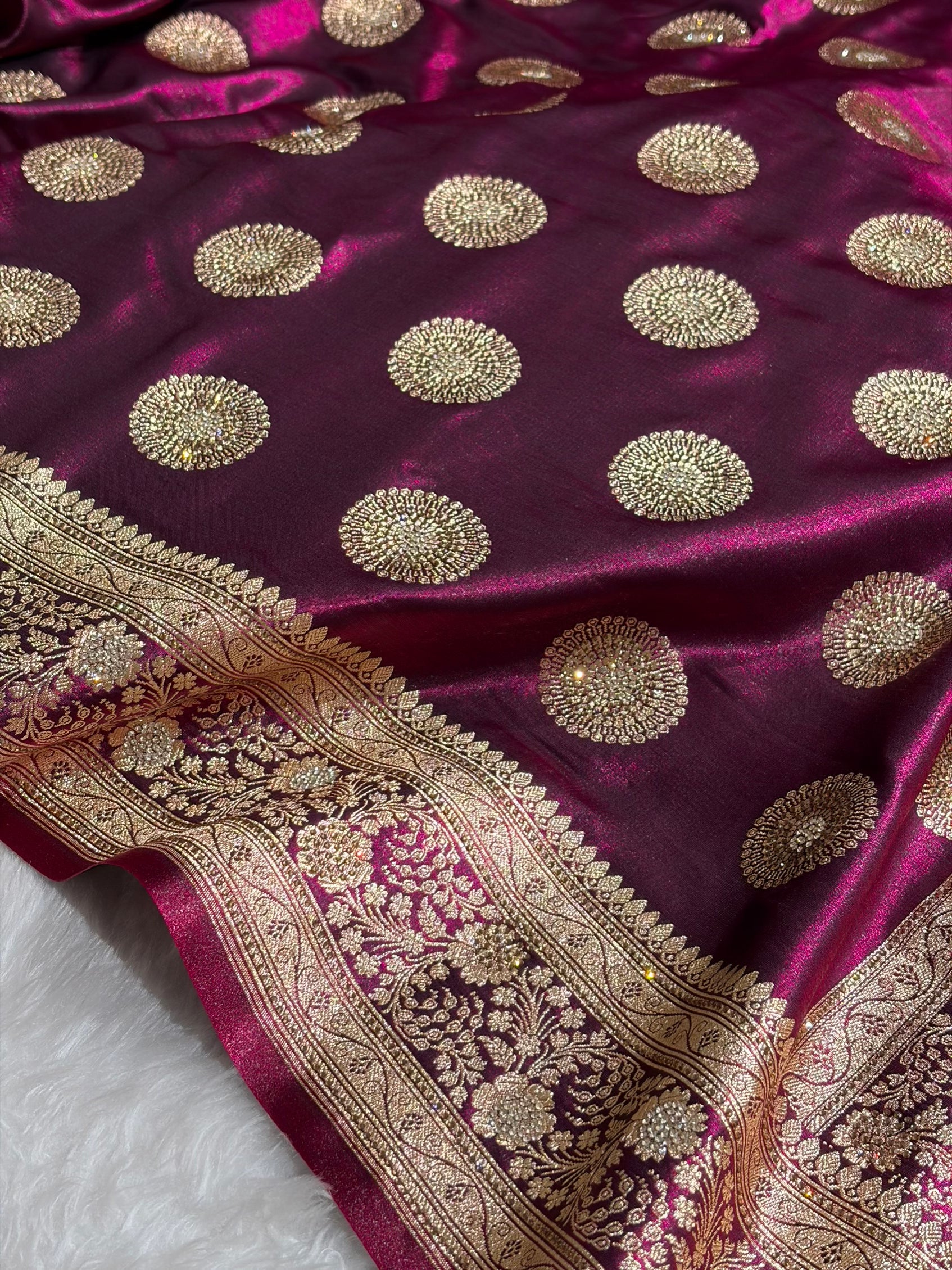 Wine Shades Banarasi With Swarovski Stone Work Satin Silk Saree BSS33