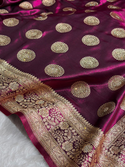 Wine Shades Banarasi With Swarovski Stone Work Satin Silk Saree BSS33