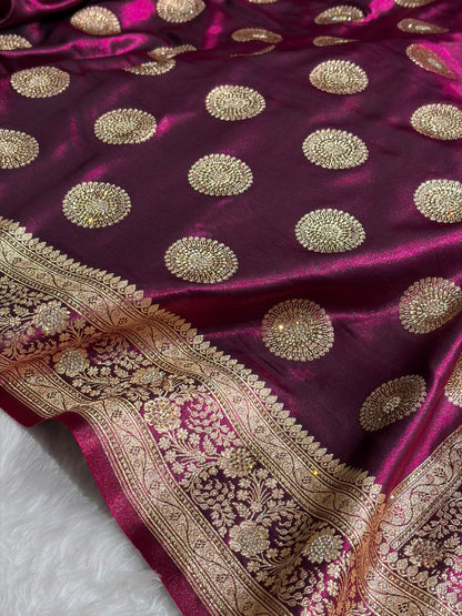 Wine Shades Banarasi With Swarovski Stone Work Satin Silk Saree BSS33