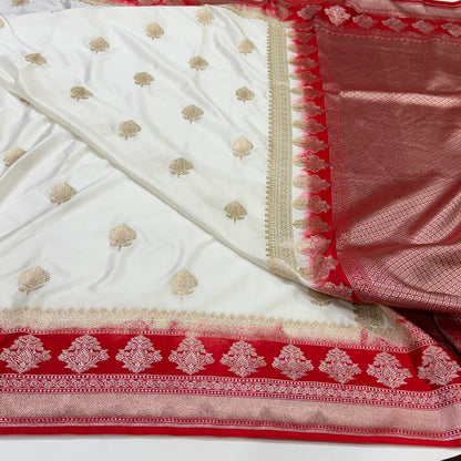 White - Red Border Banarasi Boota Mashru Silk Saree