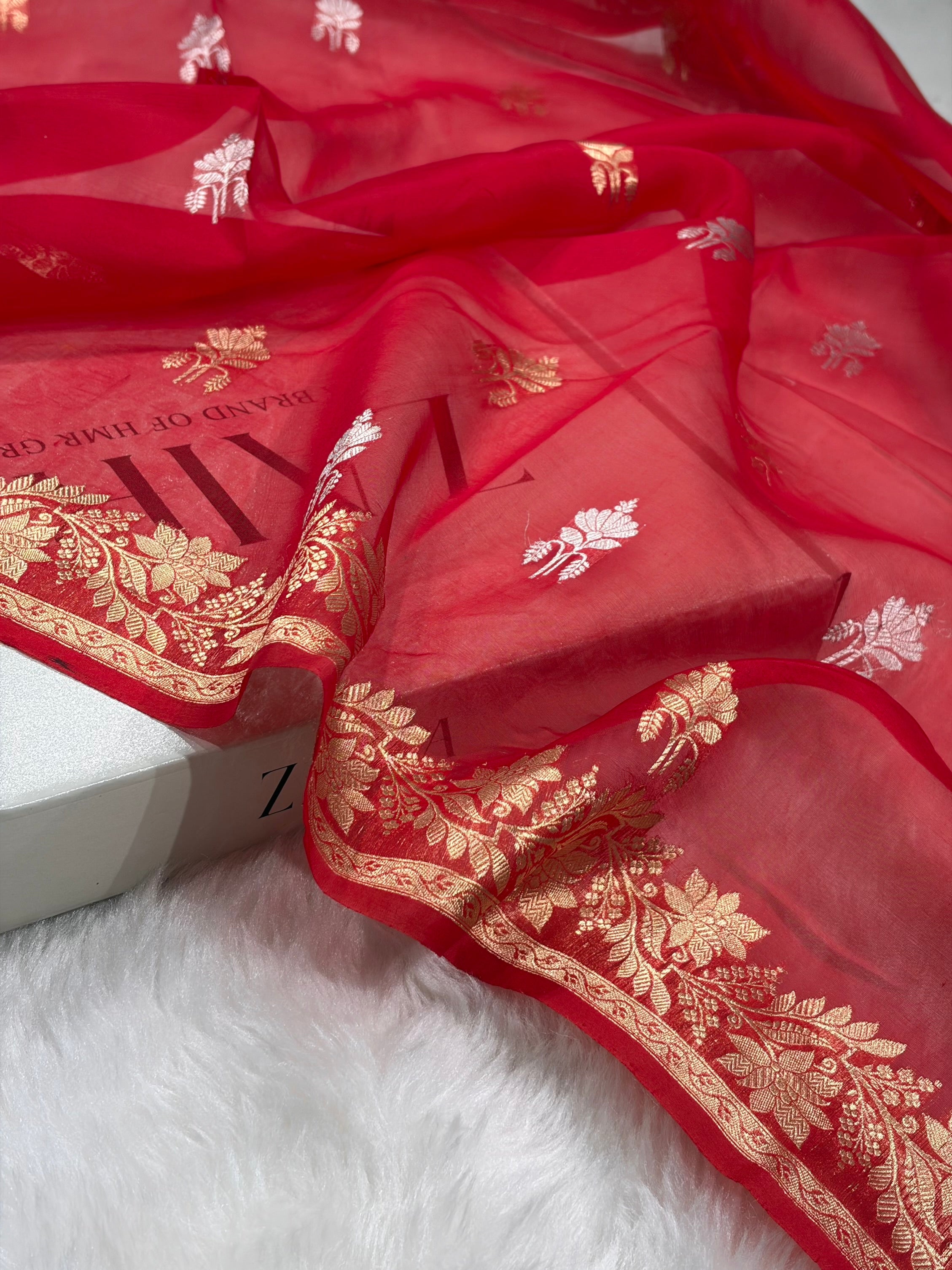 Pure Banarasi Organza Red Shades Floral Banarasi Silk Saree PO-25