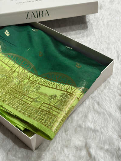 Banarasi Bottle Green With Lemon Contrast Shade Flower Boota Pure Caramel Mango Silk Saree CS-18