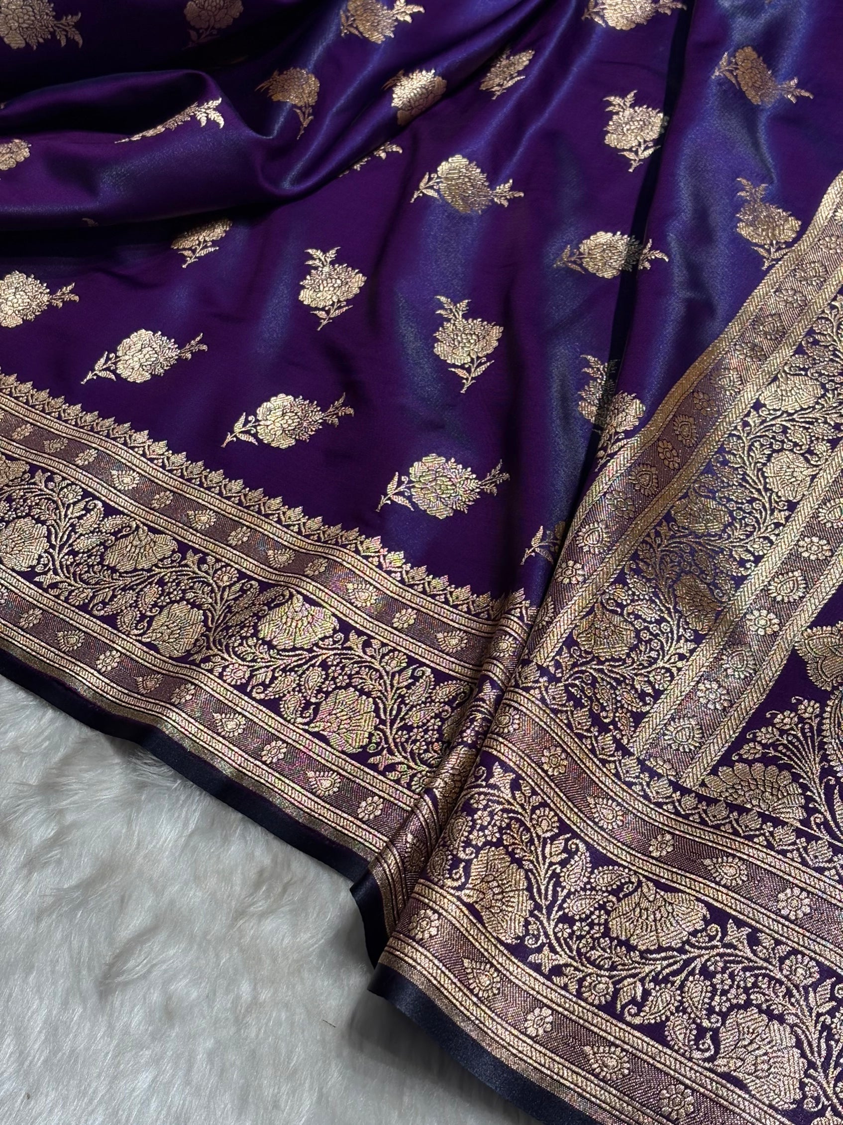 Satin Silk Saree Floral Boota in Dark Purple Shades SS26
