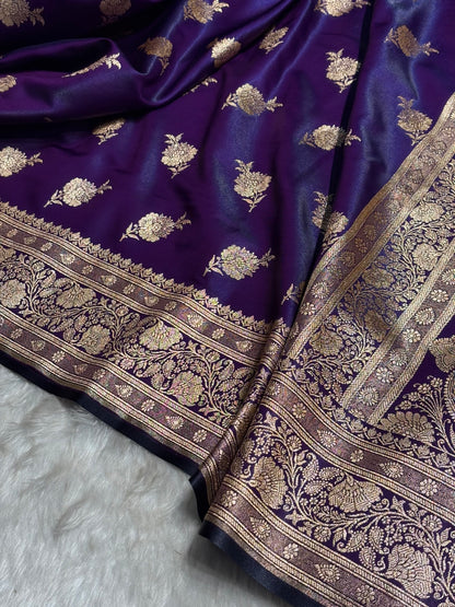 Satin Silk Saree Floral Boota in Dark Purple Shades SS26