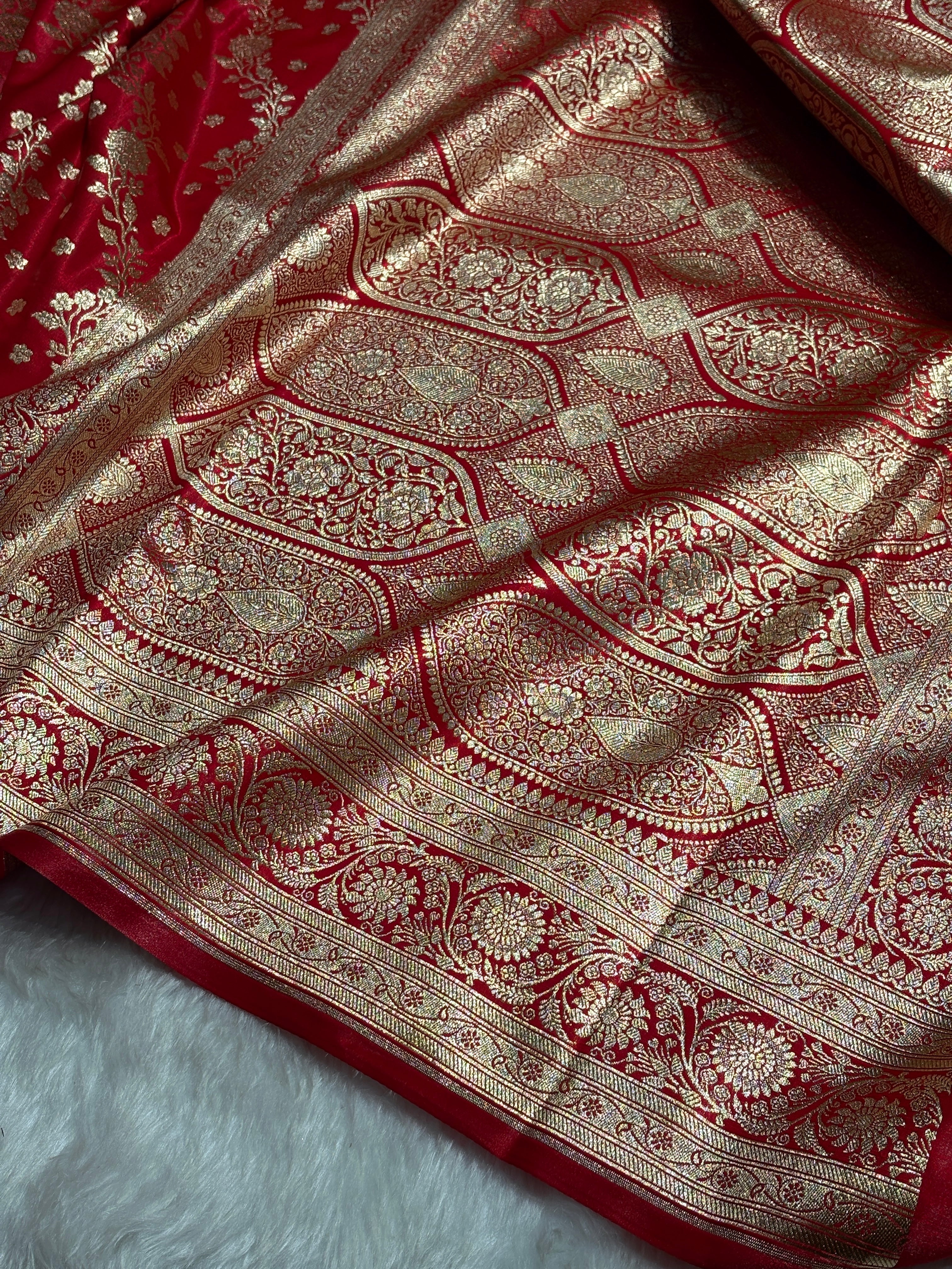 Satin Silk Saree Cross with Booti in Ruby Red Shades SS24