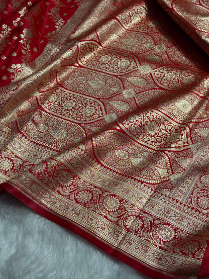 Satin Silk Saree Cross with Booti in Ruby Red Shades SS24