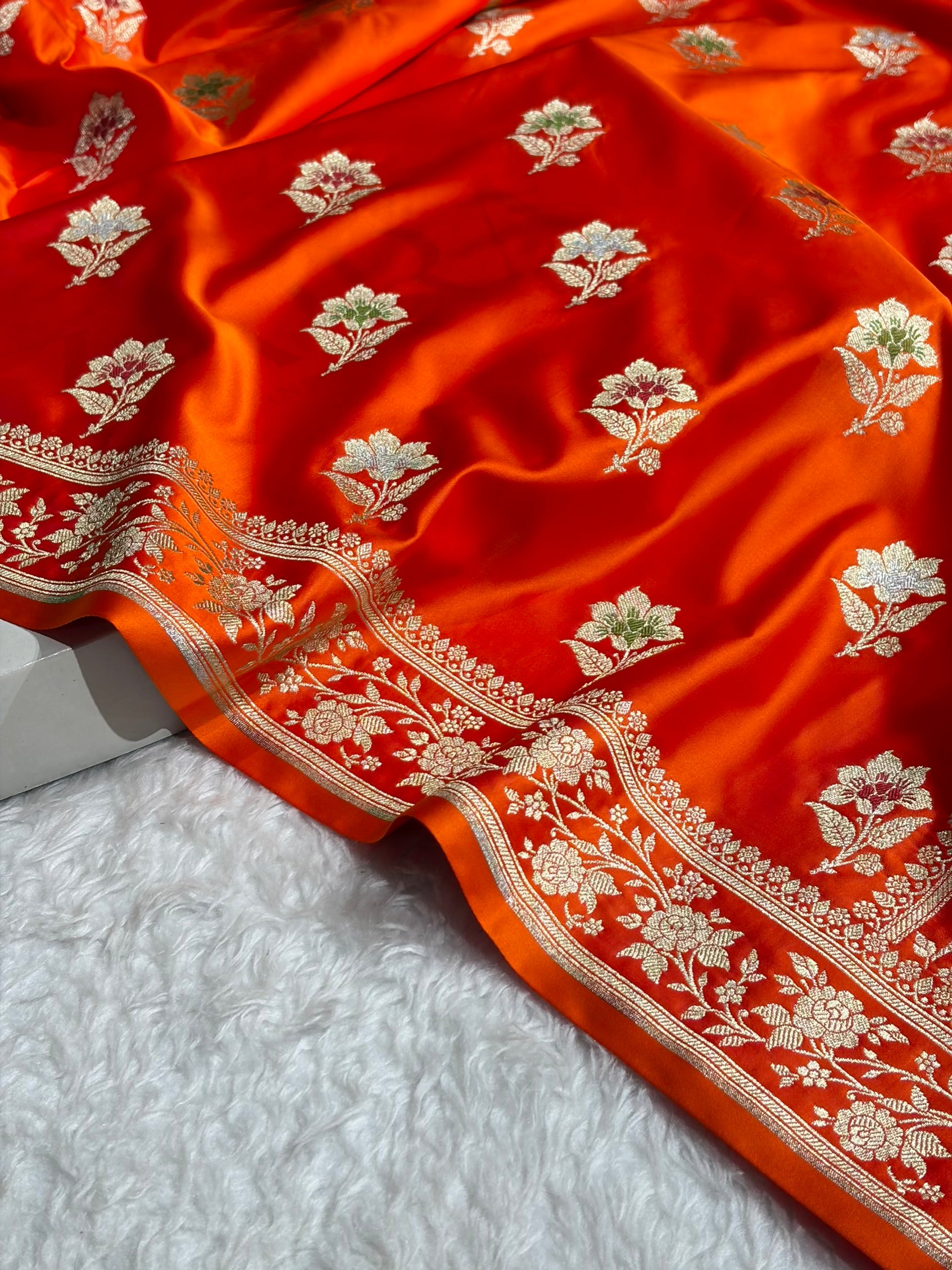 Premium Banarasi Satin Katan Saree With Minakari Boota in Cross Orange Shades SK112
