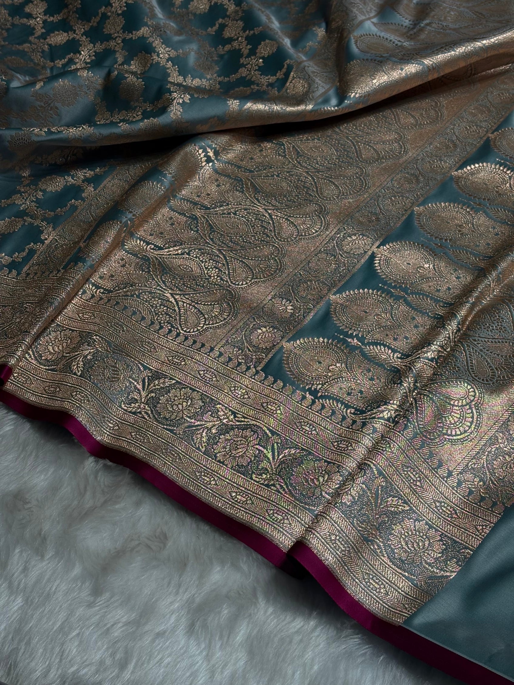 Sky Blue Jaal Pattern Satin Katan Silk Saree SK25