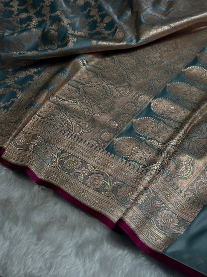 Sky Blue Jaal Pattern Satin Katan Silk Saree SK25