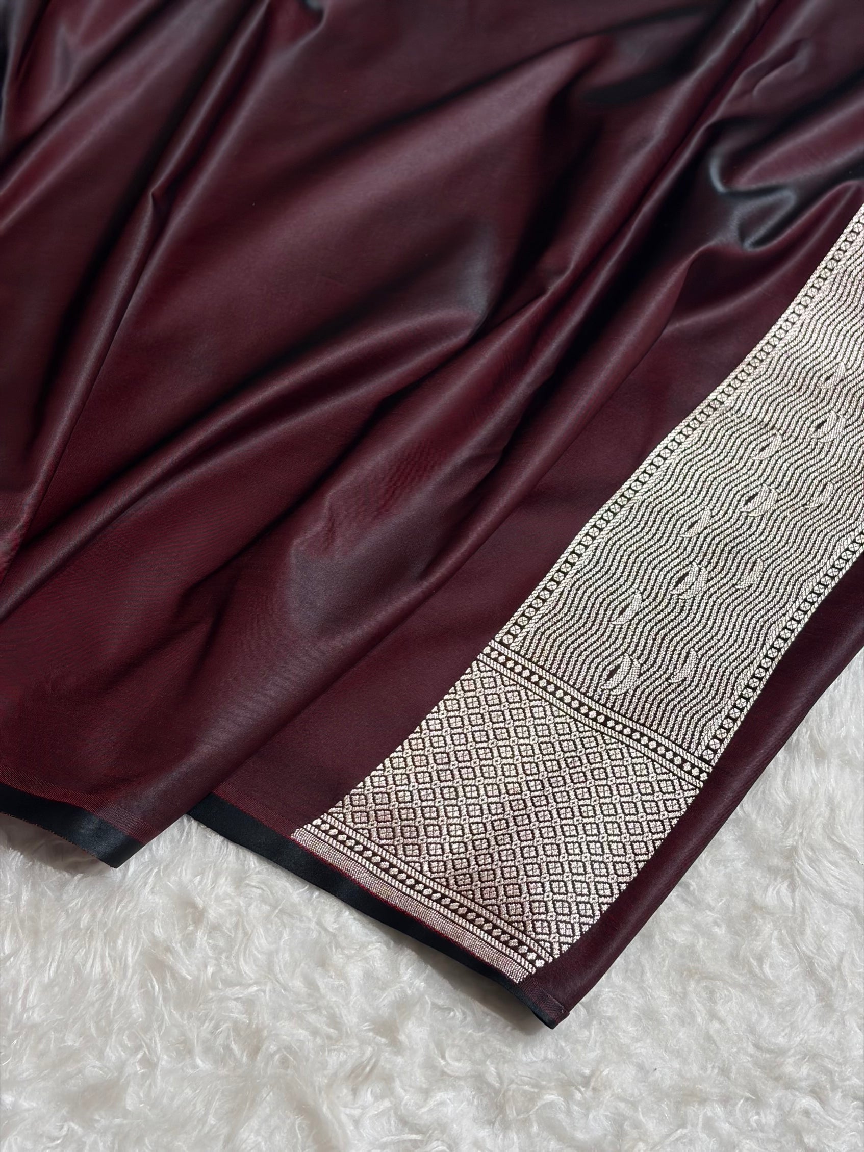 Cross Garnet Shades Ghat Pattern Satin Katan Silk Saree SK19