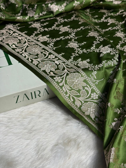 Mehendi Green Shades Mashru Silk Banarasi Saree With Jaal Pattern MS71