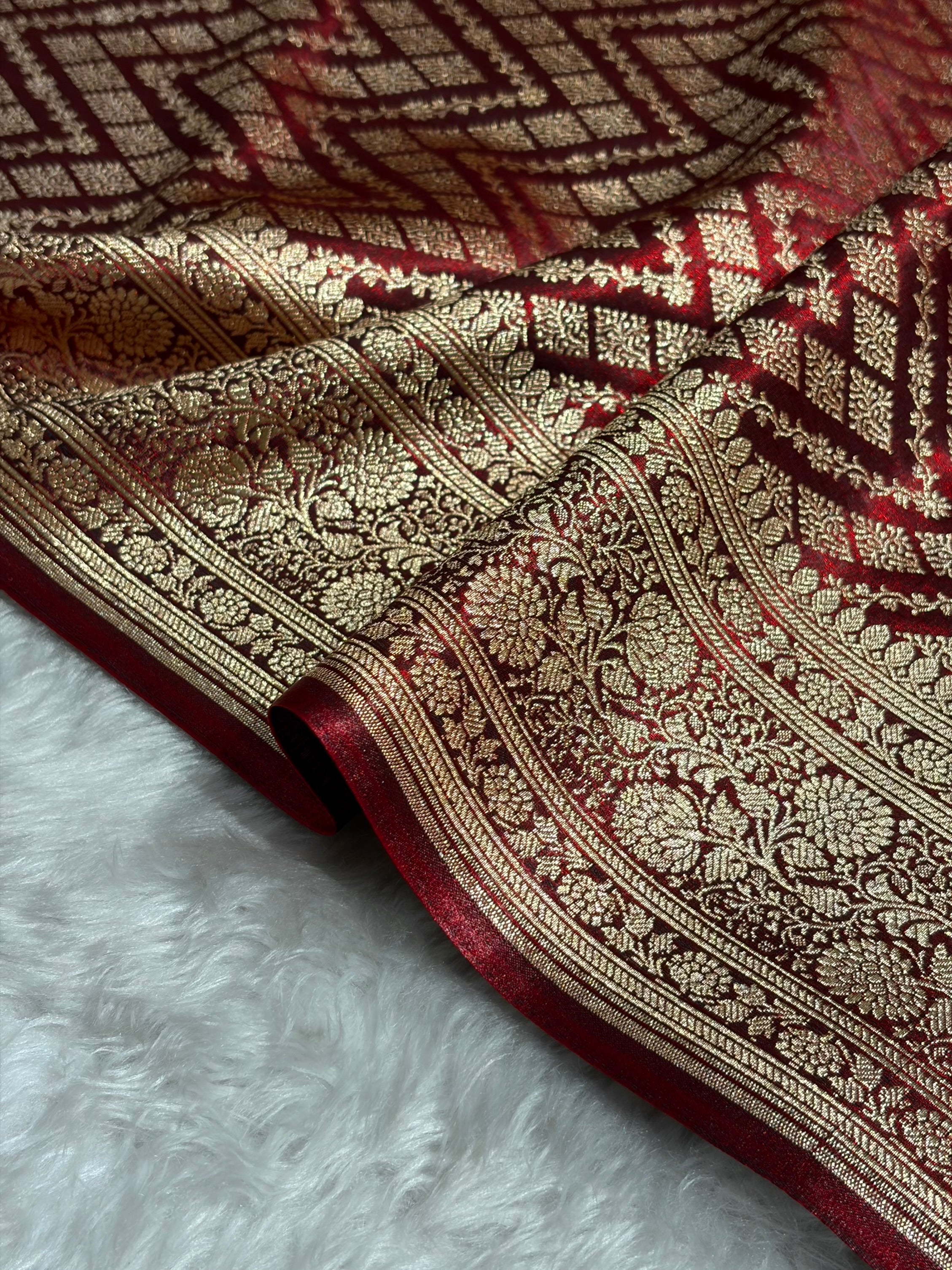 Maroon Shades Jaal Pattern Banarasi Satin Silk Saree SS56