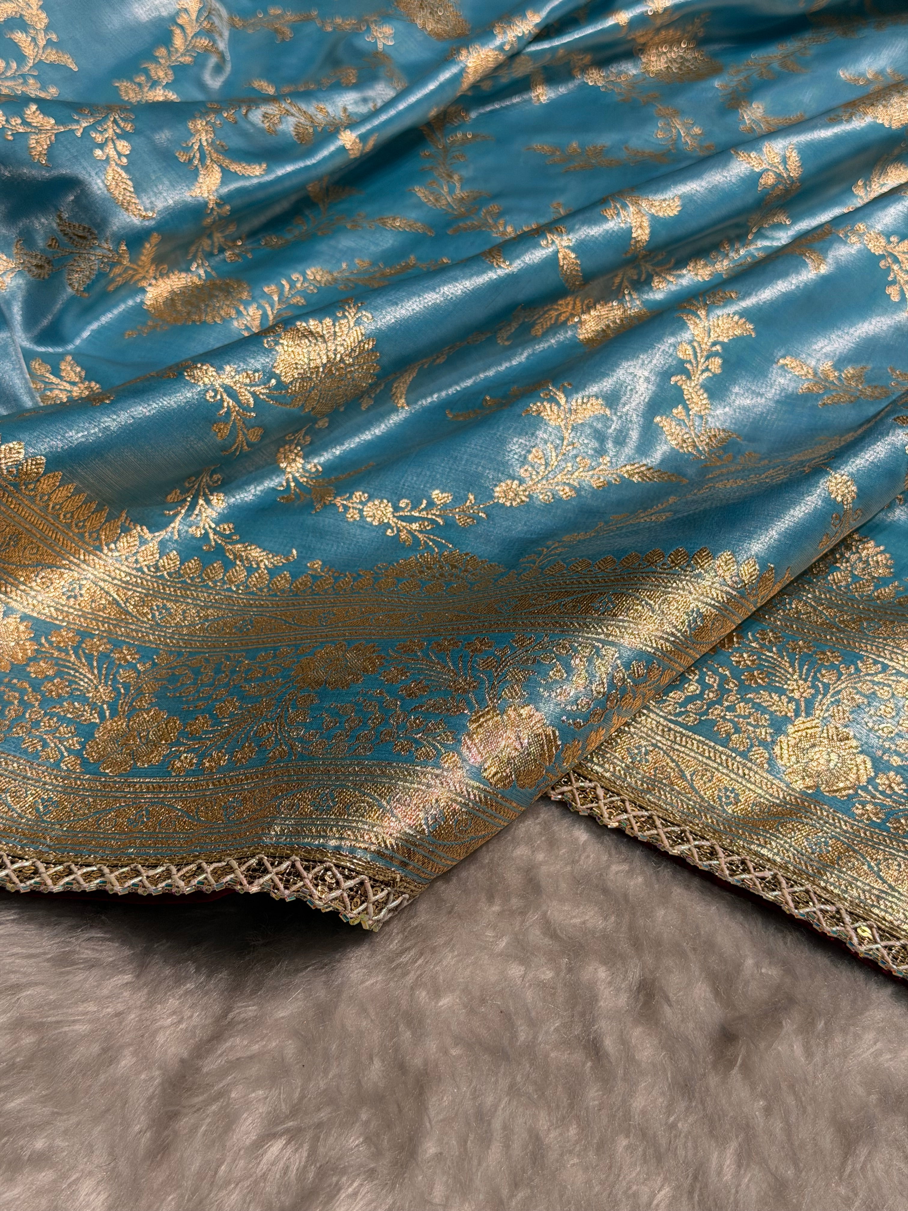 Satin Silk Jaal in Pastel Firozy Shades With Gota Patti SSGP14